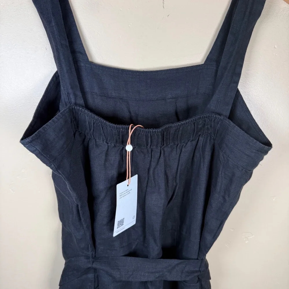 NWT Quince European Linen Square Neck Jumpsuit Womens S Black Tie Waist Wide Leg